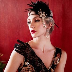 Flapper Headband Crystal Great Gatsby Headpiece Black Feather